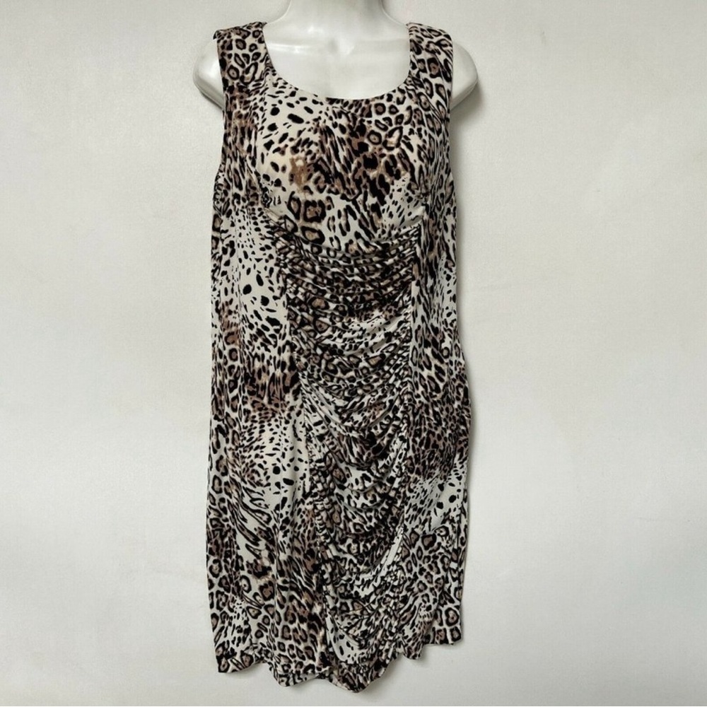 Calvin Klein Leopard Print Dress Sleeveless Sheath Draped Stretch Womens Size 12